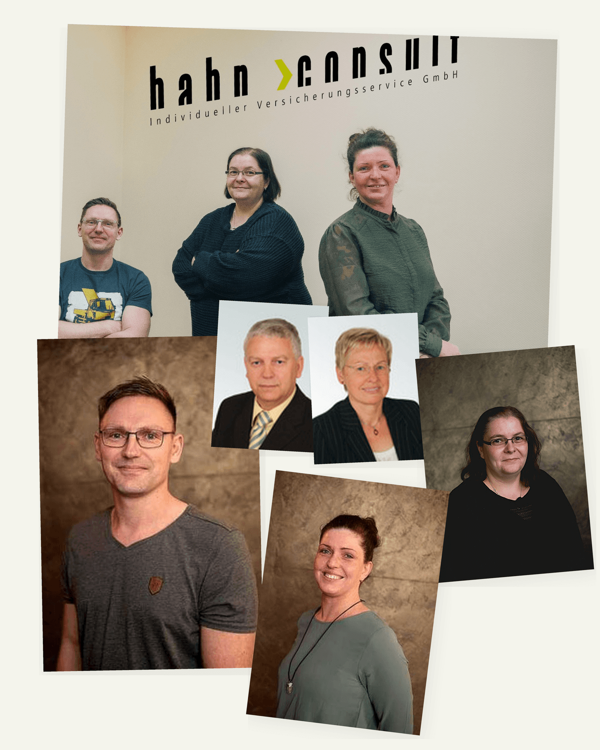 Teamcollage von Hahn Consult mit Daniel Hahn, Nadine Hesse, Katrin Kelm, Arnold Hahn und Heidi Hahn